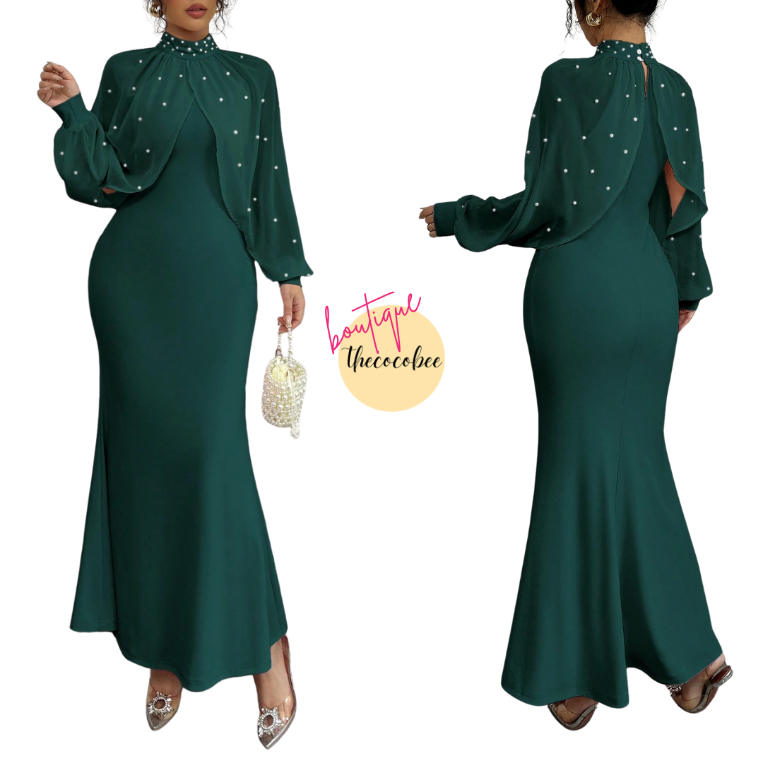 #155 Dark Green Elegant Pearl Beaded Collar Mermaid Dress, Autumn Maxi Women Outfit