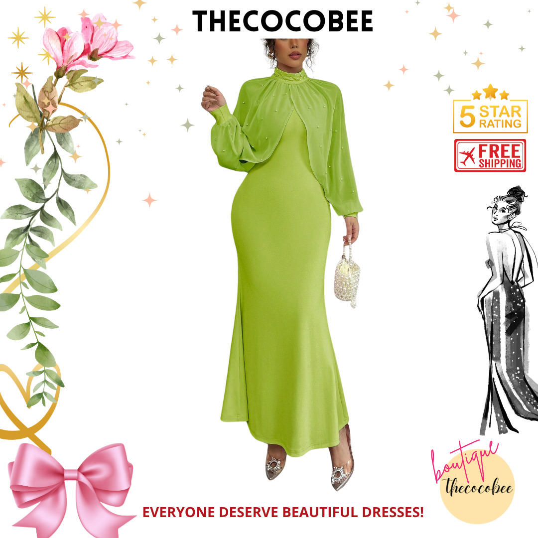 #155 Olive Green Elegant Pearl Beaded Collar Mermaid Dress, Autumn Maxi Women Outfit