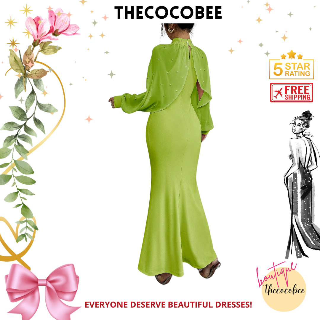 #155 Olive Green Elegant Pearl Beaded Collar Mermaid Dress, Autumn Maxi Women Outfit