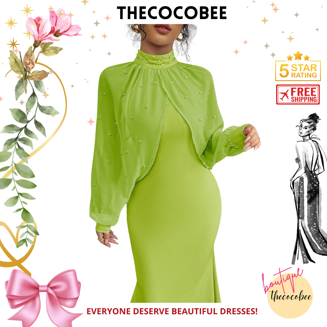 #155 Olive Green Elegant Pearl Beaded Collar Mermaid Dress, Autumn Maxi Women Outfit