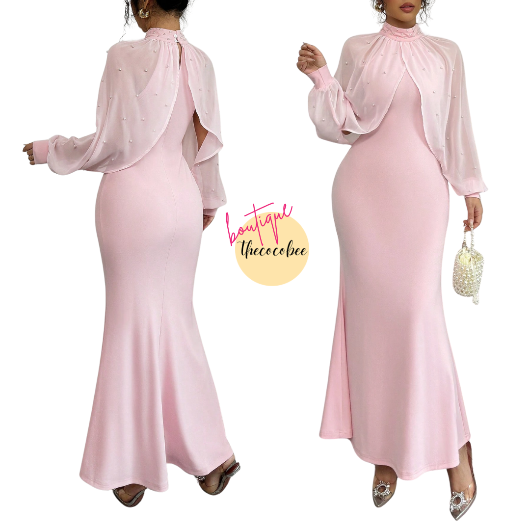 #155 Pink Stand Collar Long Sleeve Mesh Patchwork Bodycon Dress