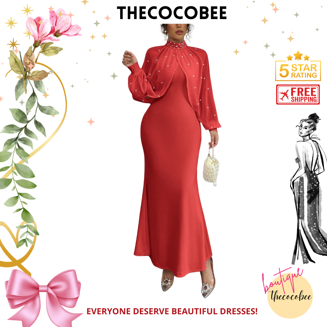 #155 Red Elegant Pearl Beaded Collar Mermaid Dress, Autumn Maxi Women Outfit