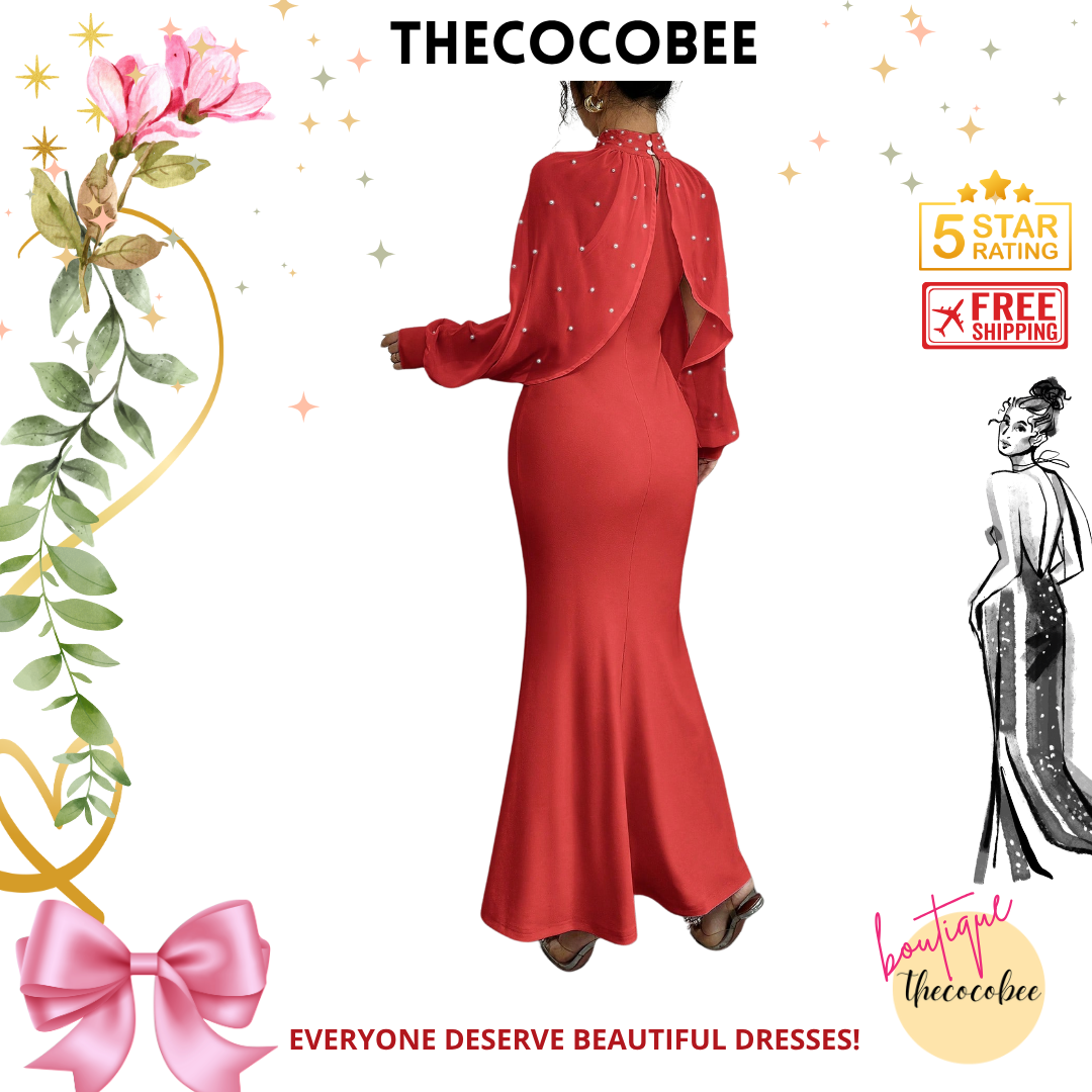 #155 Red Elegant Pearl Beaded Collar Mermaid Dress, Autumn Maxi Women Outfit