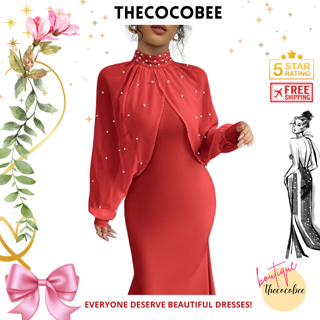 #155 Red Elegant Pearl Beaded Collar Mermaid Dress, Autumn Maxi Women Outfit
