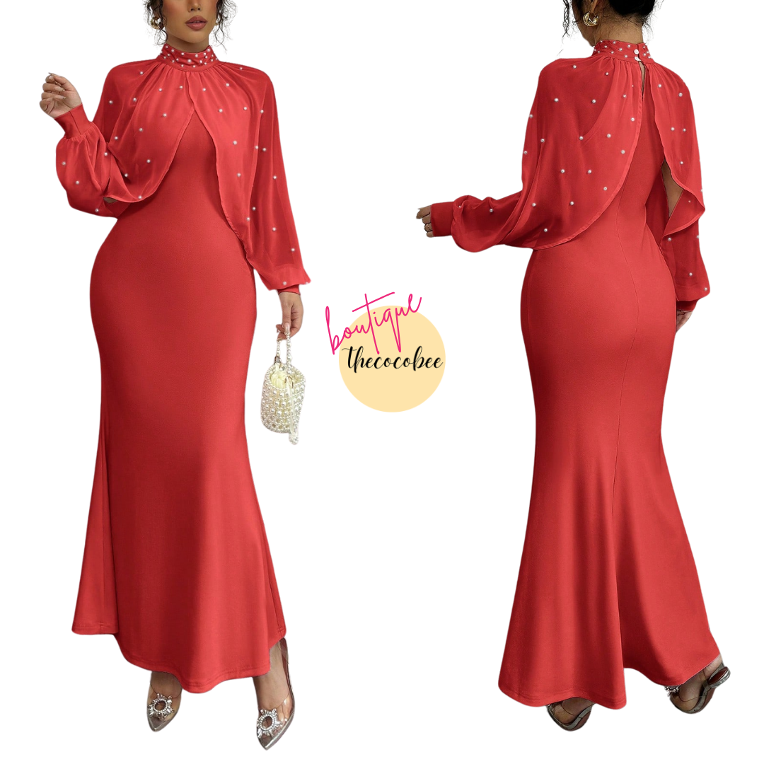 #155 Red Elegant Pearl Beaded Collar Mermaid Dress, Autumn Maxi Women Outfit