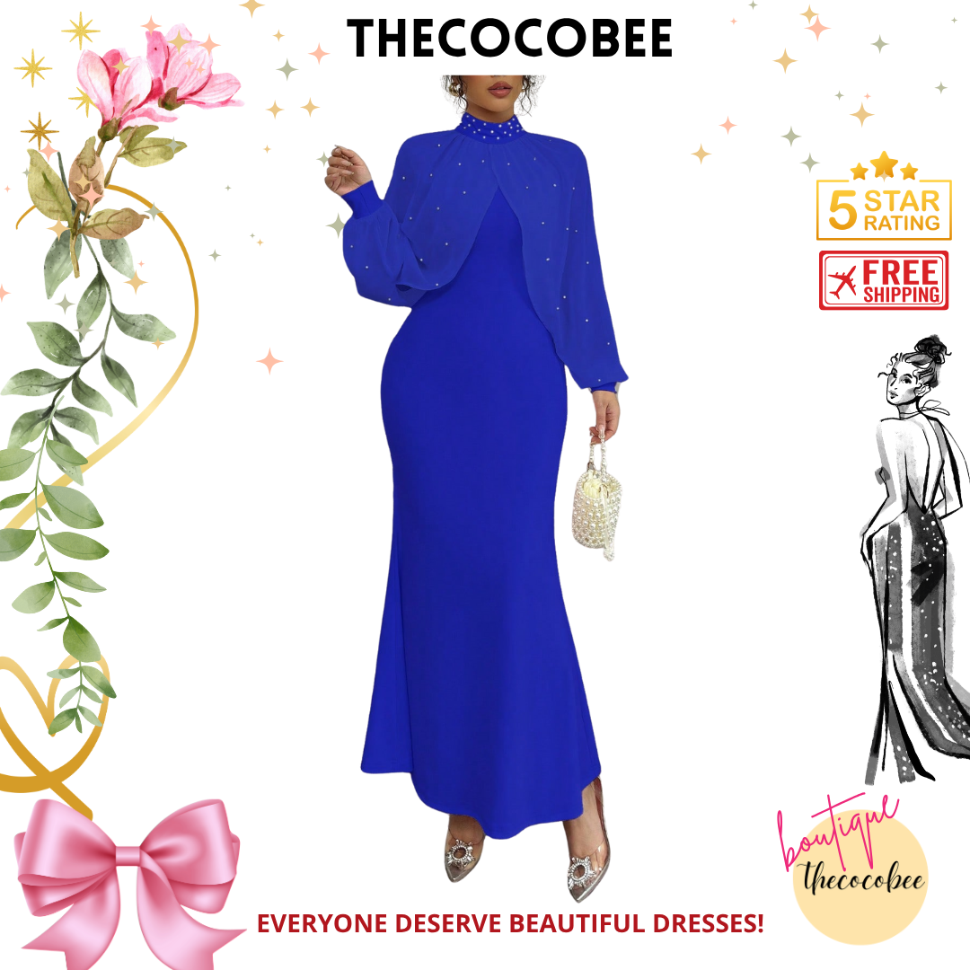 #155 Royal Blue Elegant Pearl Beaded Collar Mermaid Dress, Autumn Maxi Women Outfit
