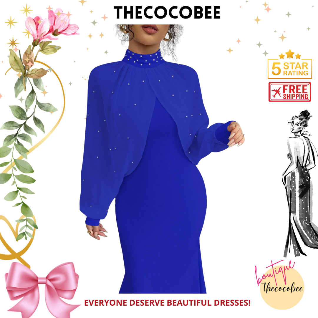 #155 Royal Blue Elegant Pearl Beaded Collar Mermaid Dress, Autumn Maxi Women Outfit