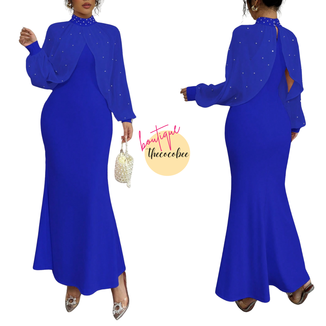 #155 Royal Blue Elegant Pearl Beaded Collar Mermaid Dress, Autumn Maxi Women Outfit