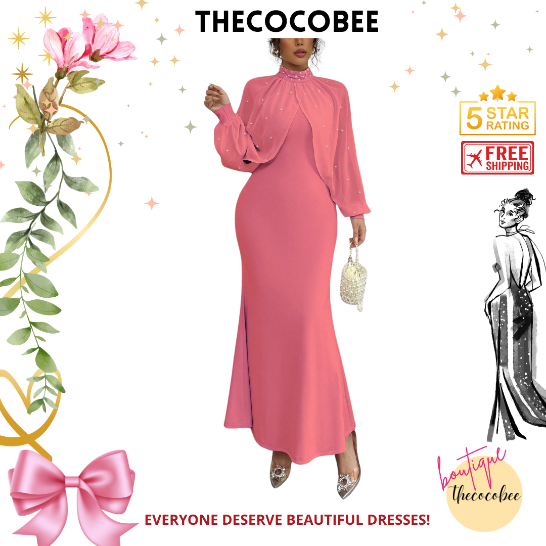 #155 Watermelon Pink Elegant Pearl Beaded Collar Mermaid Dress, Autumn Maxi Women Outfit