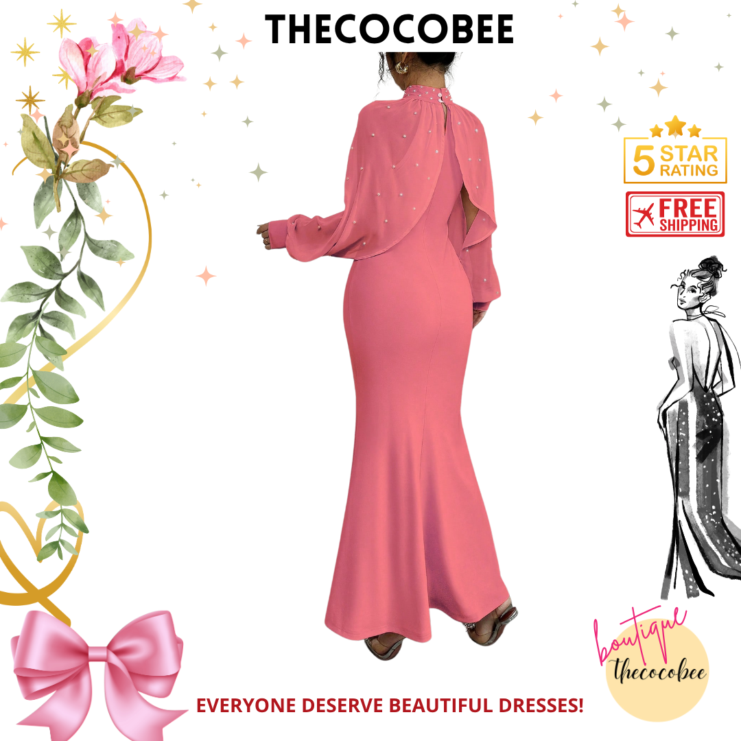 #155 Watermelon Pink Elegant Pearl Beaded Collar Mermaid Dress, Autumn Maxi Women Outfit