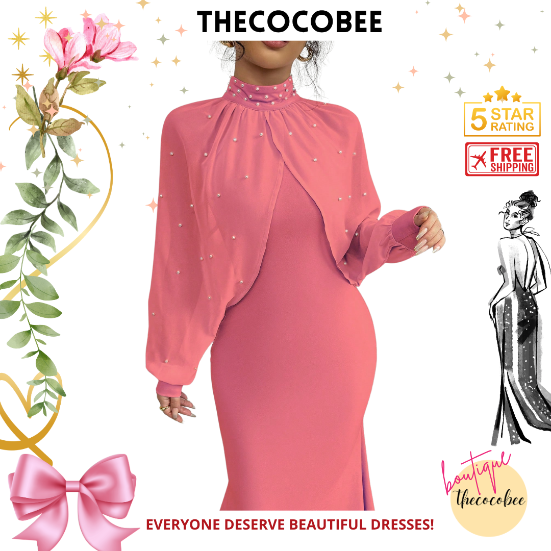 #155 Watermelon Pink Elegant Pearl Beaded Collar Mermaid Dress, Autumn Maxi Women Outfit