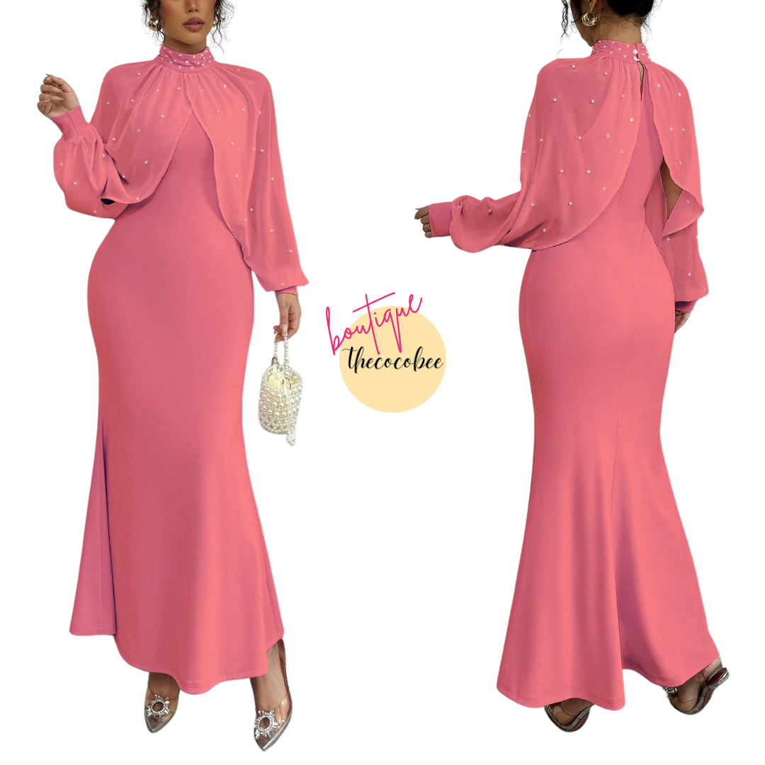#155 Watermelon Pink Elegant Pearl Beaded Collar Mermaid Dress, Autumn Maxi Women Outfit
