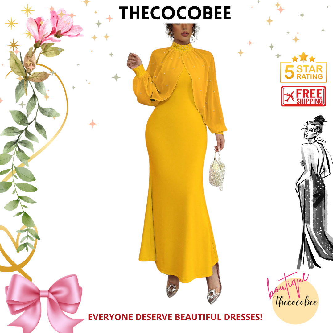 #155 Yellow Elegant Pearl Beaded Collar Mermaid Dress, Autumn Maxi Women Outfit