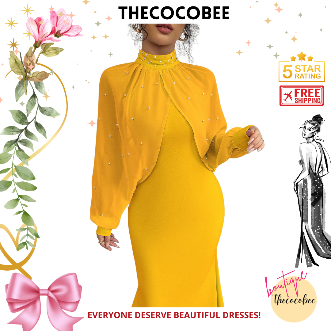 #155 Yellow Elegant Pearl Beaded Collar Mermaid Dress, Autumn Maxi Women Outfit