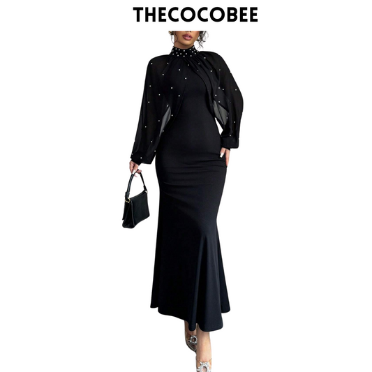 #155 Black Elegant Pearl Beaded Collar Mermaid Dress, Autumn Maxi Women Outfit