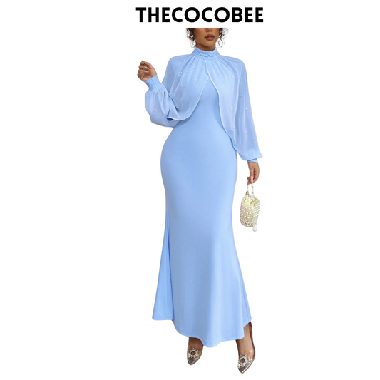 #155 Blue 1pc Solid Color Long Sleeve Fitted Simple Casual Midi Dress, Everyday Wear