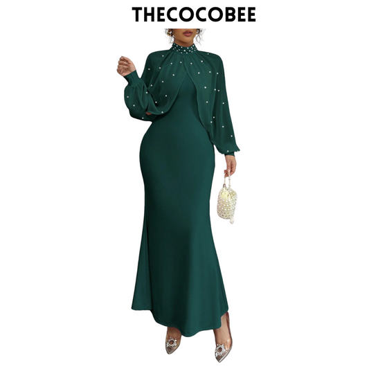 #155 Dark Green Elegant Pearl Beaded Collar Mermaid Dress, Autumn Maxi Women Outfit