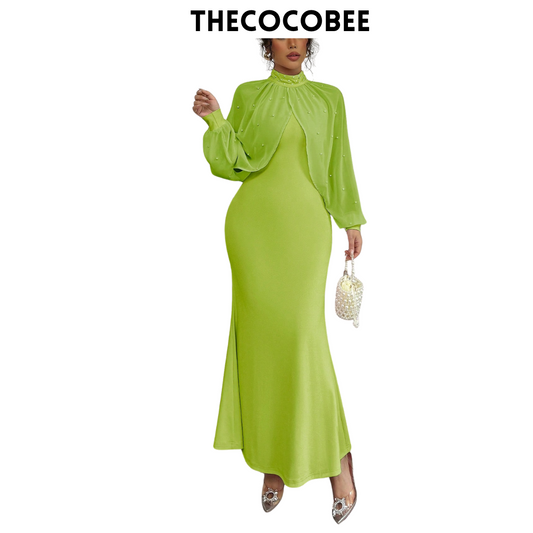 #155 Olive Green Elegant Pearl Beaded Collar Mermaid Dress, Autumn Maxi Women Outfit