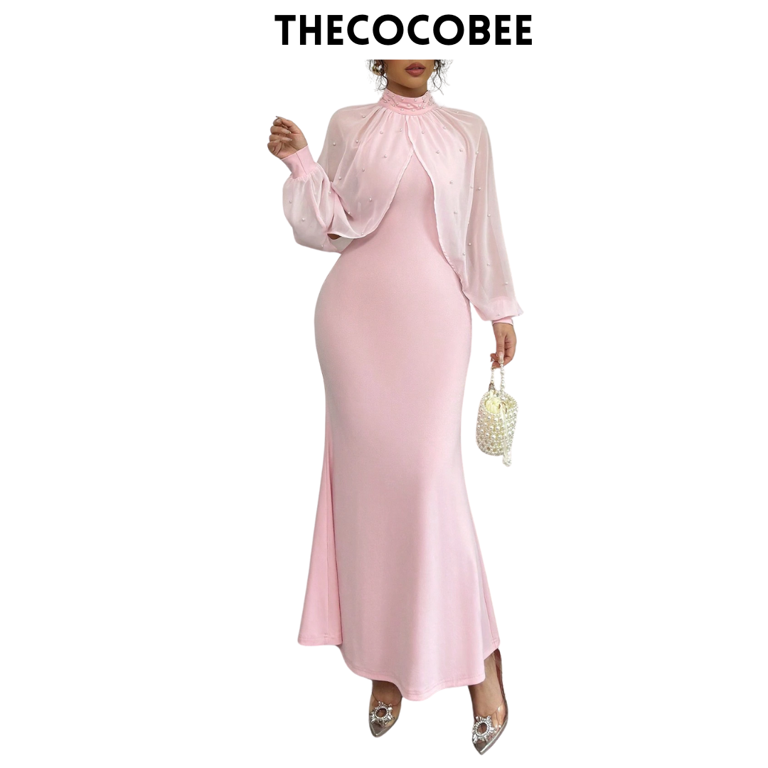 #155 Pink Stand Collar Long Sleeve Mesh Patchwork Bodycon Dress