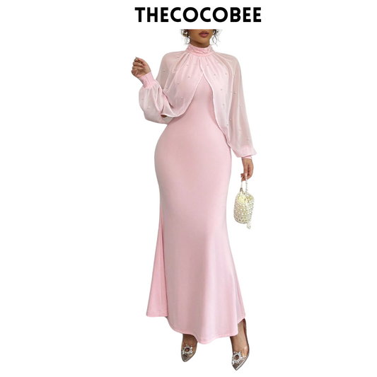 #155 Pink Stand Collar Long Sleeve Mesh Patchwork Bodycon Dress