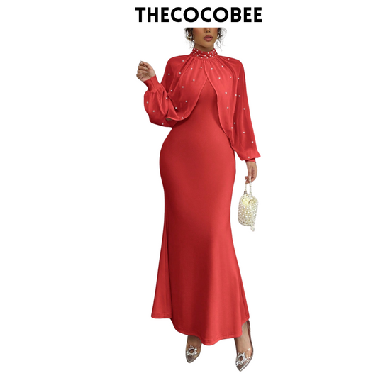 #155 Red Elegant Pearl Beaded Collar Mermaid Dress, Autumn Maxi Women Outfit