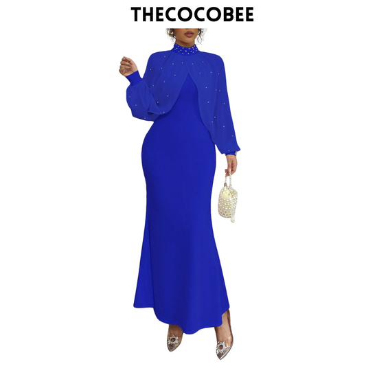#155 Royal Blue Elegant Pearl Beaded Collar Mermaid Dress, Autumn Maxi Women Outfit