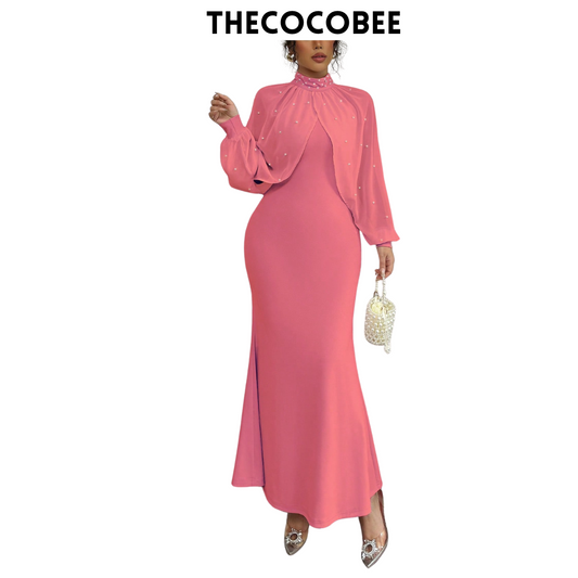 #155 Watermelon Pink Elegant Pearl Beaded Collar Mermaid Dress, Autumn Maxi Women Outfit