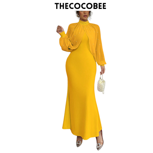 #155 Yellow Elegant Pearl Beaded Collar Mermaid Dress, Autumn Maxi Women Outfit