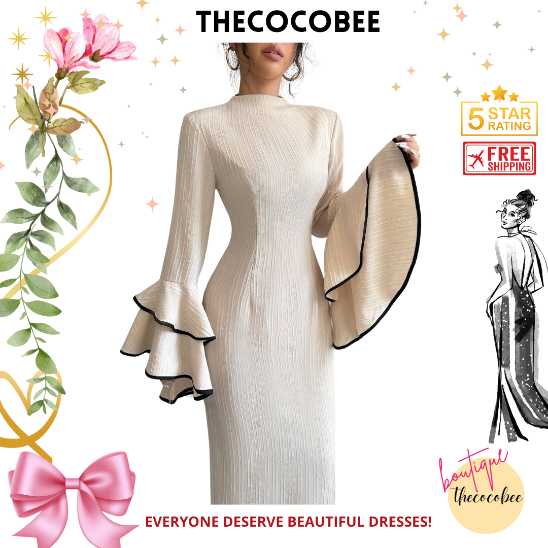 #156 Apricot Elegant Color Block Ruffle Flare Sleeve Dress, Autumn Maxi Women Outfit