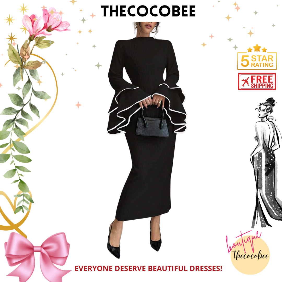 #156 Black Stand Collar Flared Sleeve Elegant Long Dress Maxi Women Outfit