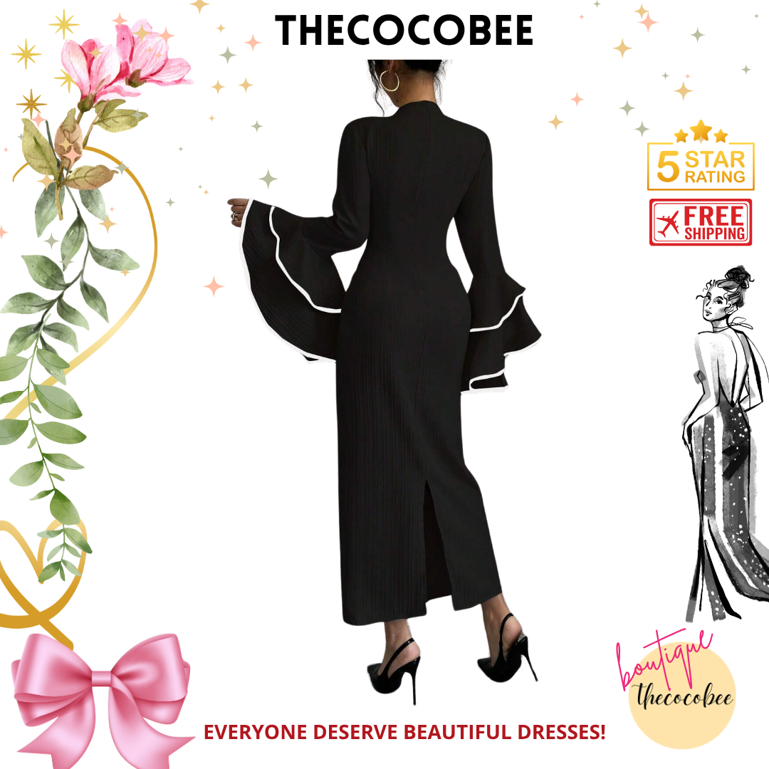 #156 Black Stand Collar Flared Sleeve Elegant Long Dress Maxi Women Outfit