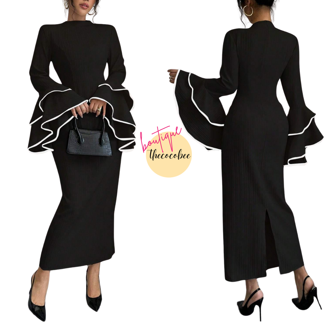 #156 Black Stand Collar Flared Sleeve Elegant Long Dress Maxi Women Outfit