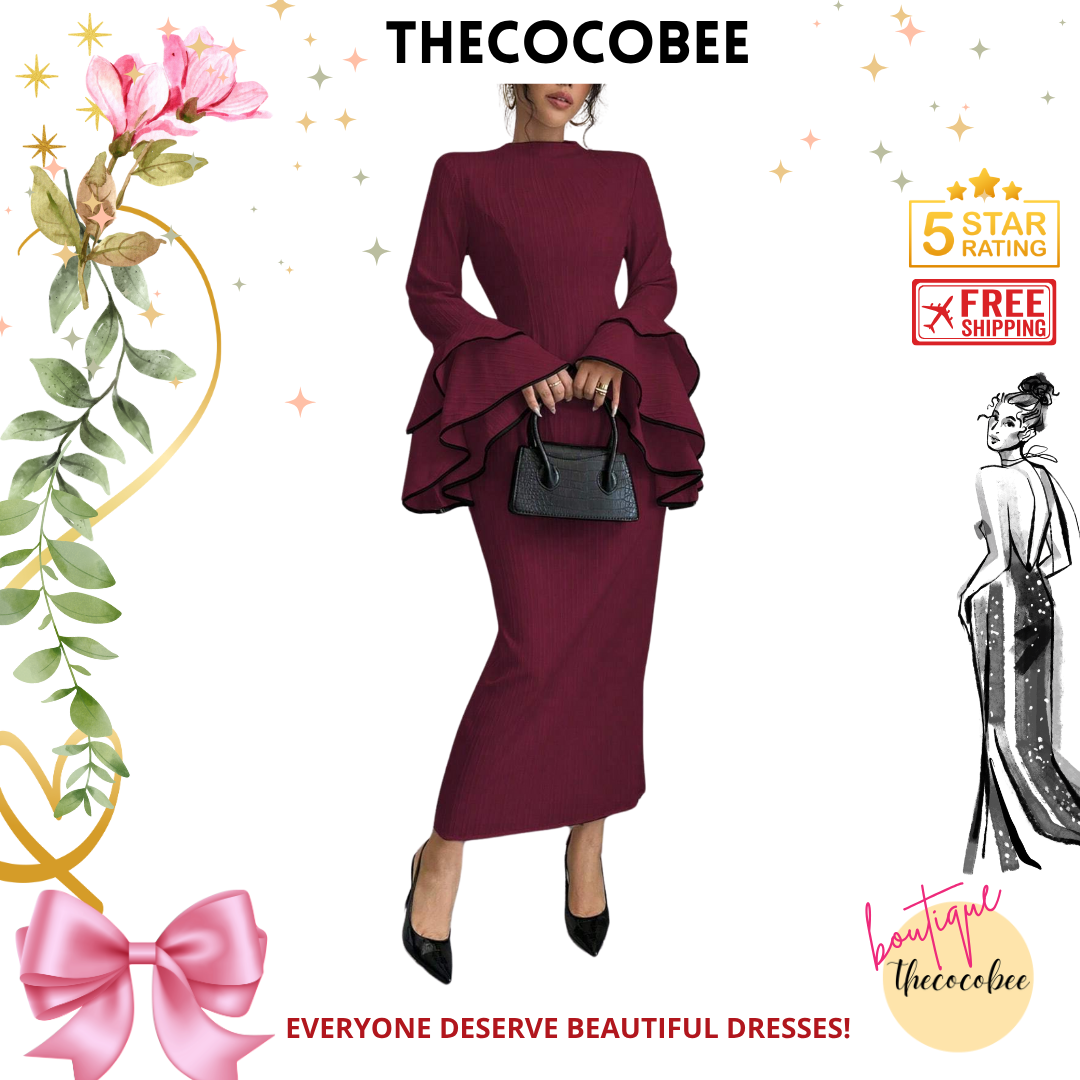 #156 Burgundy 1pc Solid Color Stand Collar Ruffle Hem Fitted Elegant Long Sleeve Dress Burgundy Maxi Women Outfit