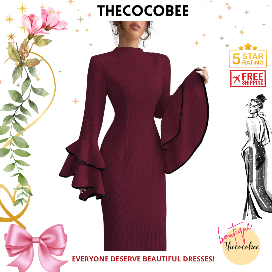 #156 Burgundy 1pc Solid Color Stand Collar Ruffle Hem Fitted Elegant Long Sleeve Dress Burgundy Maxi Women Outfit