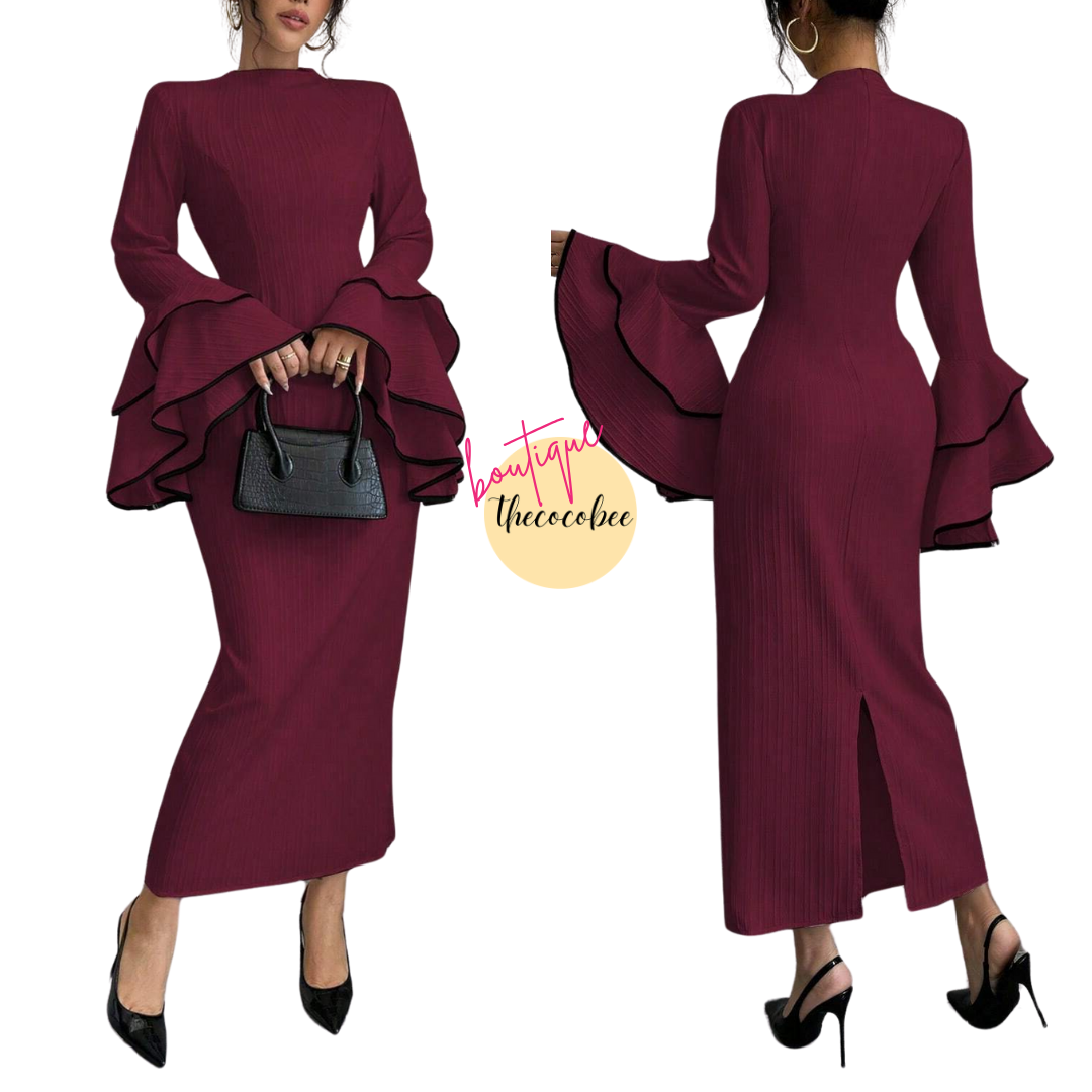 #156 Burgundy 1pc Solid Color Stand Collar Ruffle Hem Fitted Elegant Long Sleeve Dress Burgundy Maxi Women Outfit