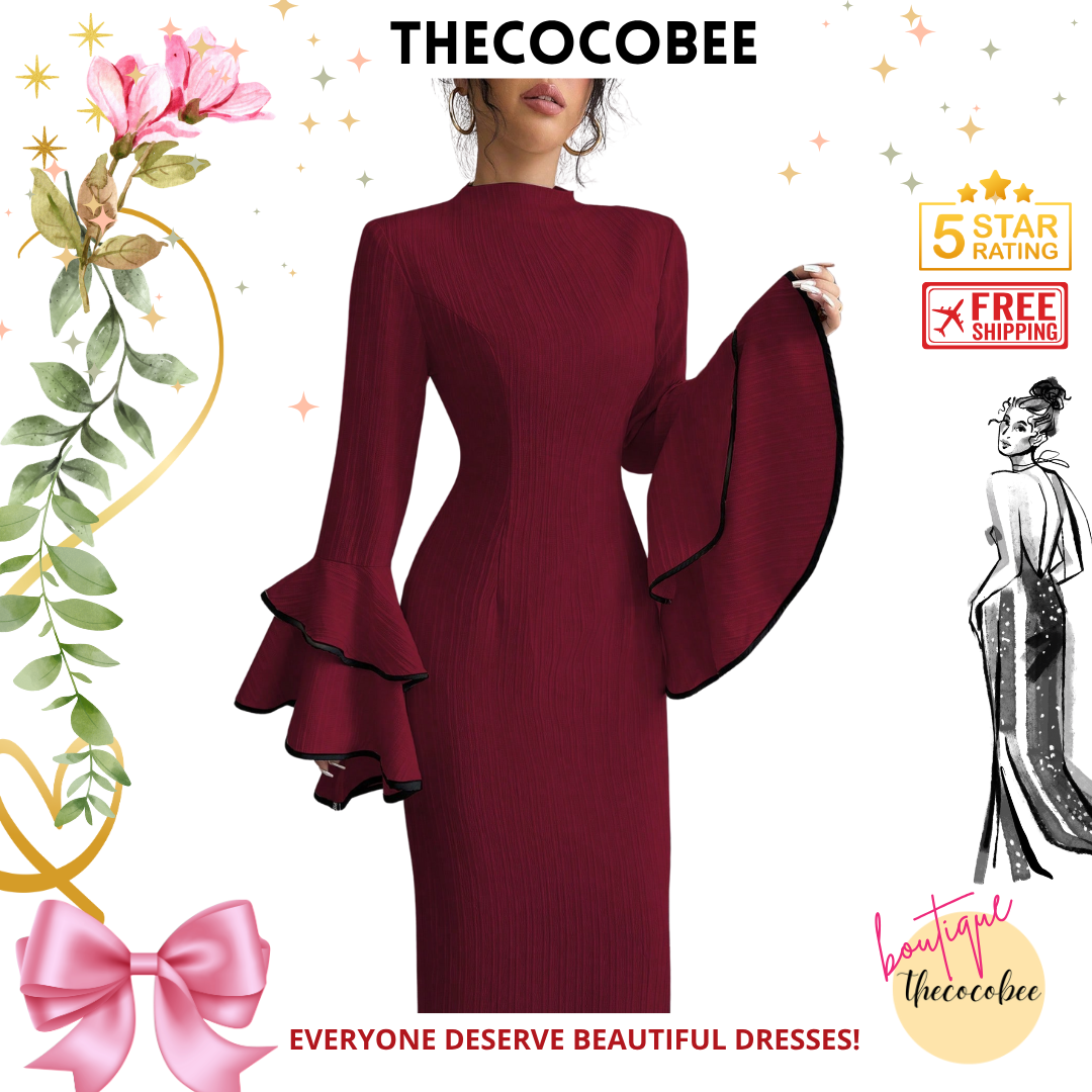 #156 Red Color Block Trim Flare Sleeve Dress, Autumn