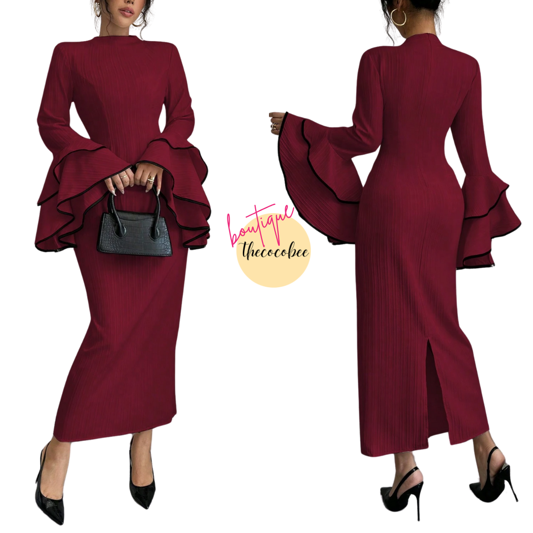#156 Red Color Block Trim Flare Sleeve Dress, Autumn