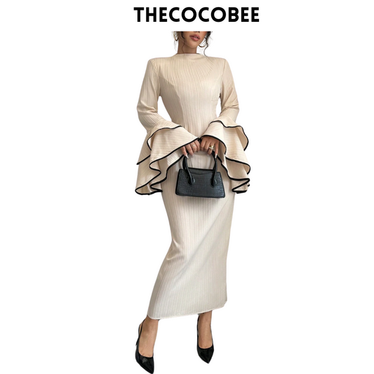 #156 Apricot Elegant Color Block Ruffle Flare Sleeve Dress, Autumn Maxi Women Outfit