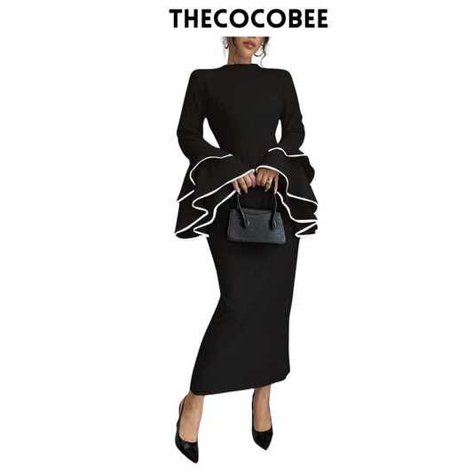 #156 Black Stand Collar Flared Sleeve Elegant Long Dress Maxi Women Outfit