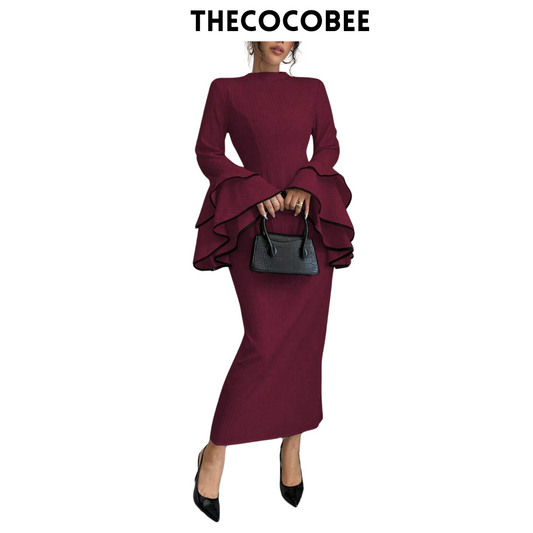 #156 Burgundy 1pc Solid Color Stand Collar Ruffle Hem Fitted Elegant Long Sleeve Dress Burgundy Maxi Women Outfit