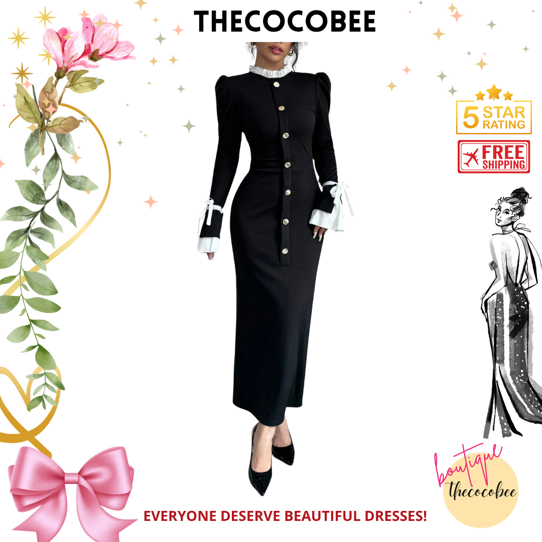 #157 Black And White Ruffle Stand Collar Flared Sleeve Fitted Fishtail Hem Elegant Long Dress, Autumn/Winter Maxi Women Outfit