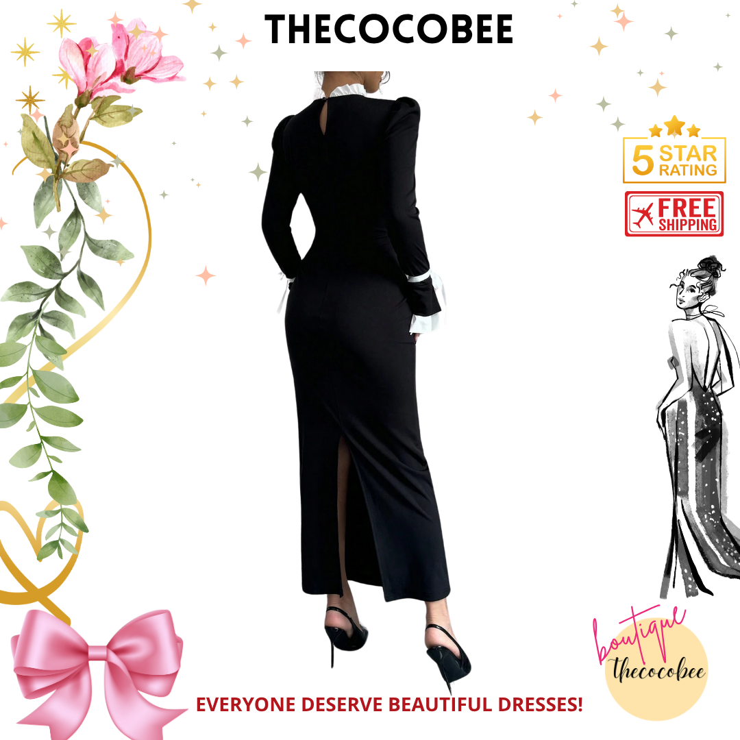#157 Black And White Ruffle Stand Collar Flared Sleeve Fitted Fishtail Hem Elegant Long Dress, Autumn/Winter Maxi Women Outfit