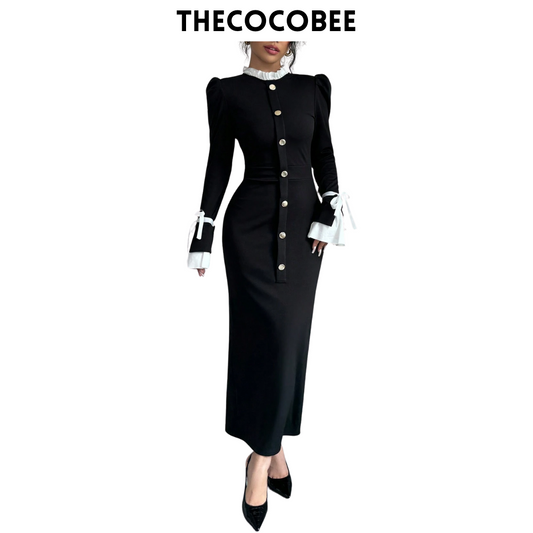 #157 Black And White Ruffle Stand Collar Flared Sleeve Fitted Fishtail Hem Elegant Long Dress, Autumn/Winter Maxi Women Outfit