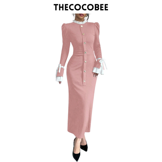 #157 Dusty Pink Elegant Color Blocking Slim Dress, Autumn/Winter Maxi Women Outfit