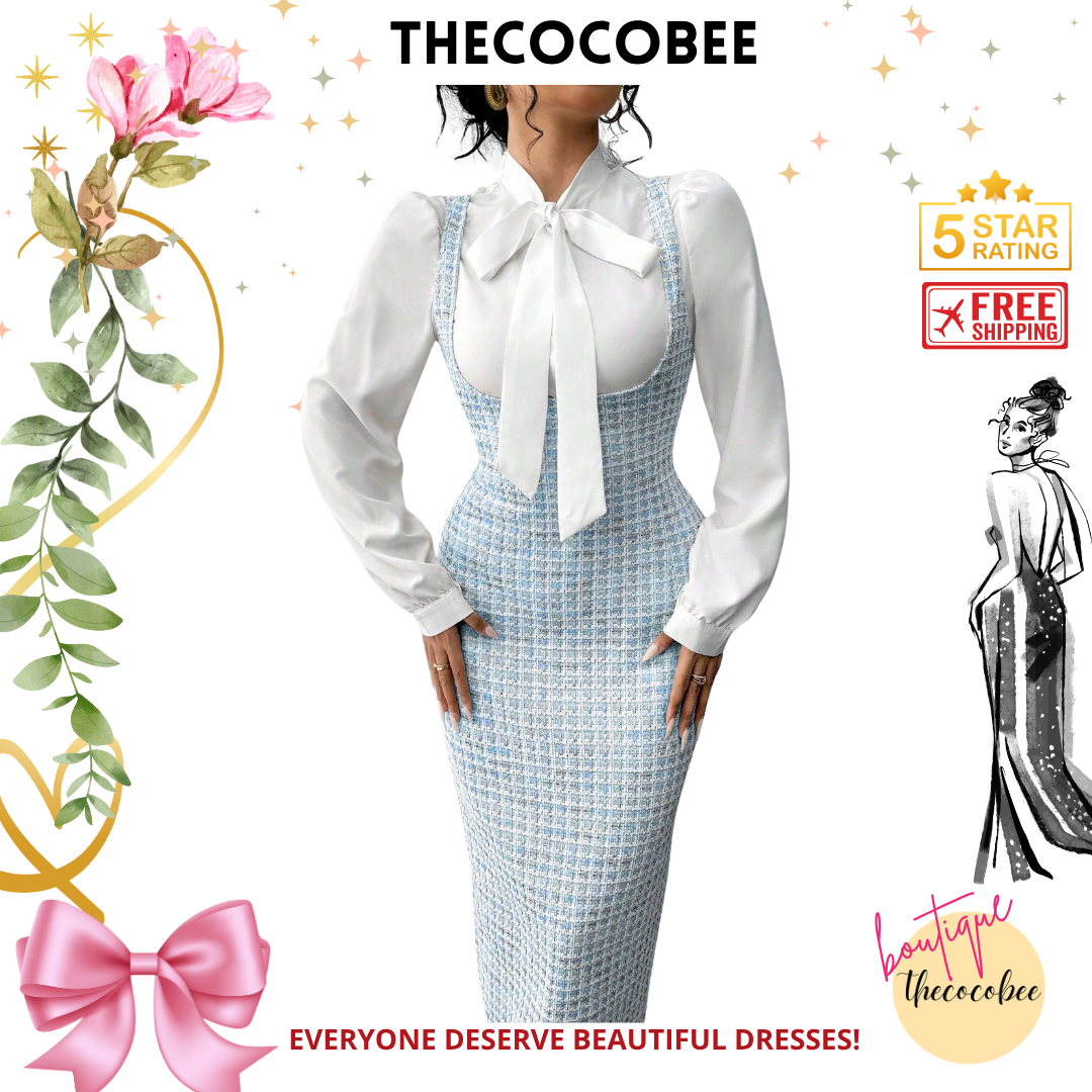 #158 Baby Blue Elegant Fashion 2 Pieces Set: White Collar Tie Shirt & Pink Jacquard Long Suspender Skirt, Suitable For Autumn/Winter