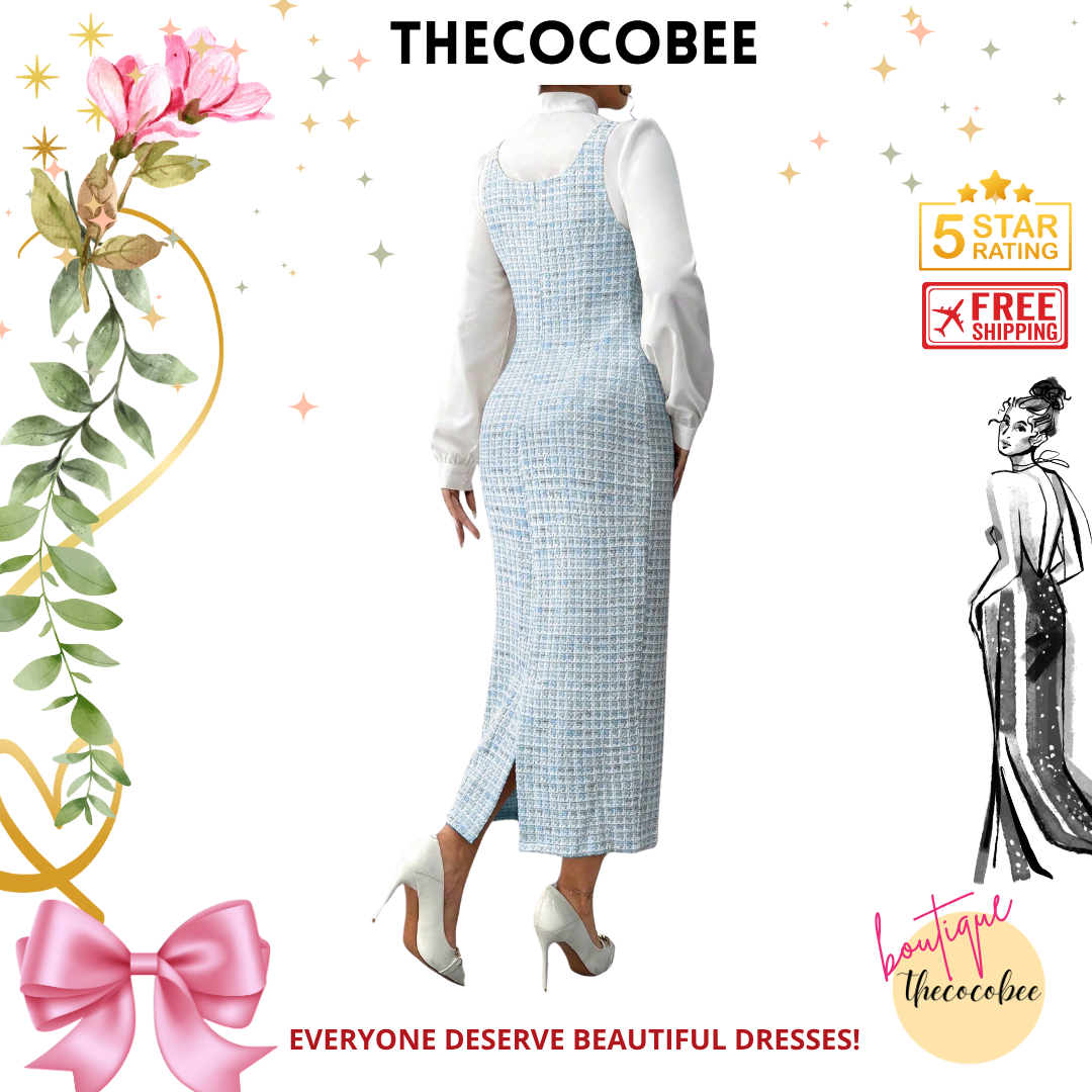 #158 Baby Blue Elegant Fashion 2 Pieces Set: White Collar Tie Shirt & Pink Jacquard Long Suspender Skirt, Suitable For Autumn/Winter