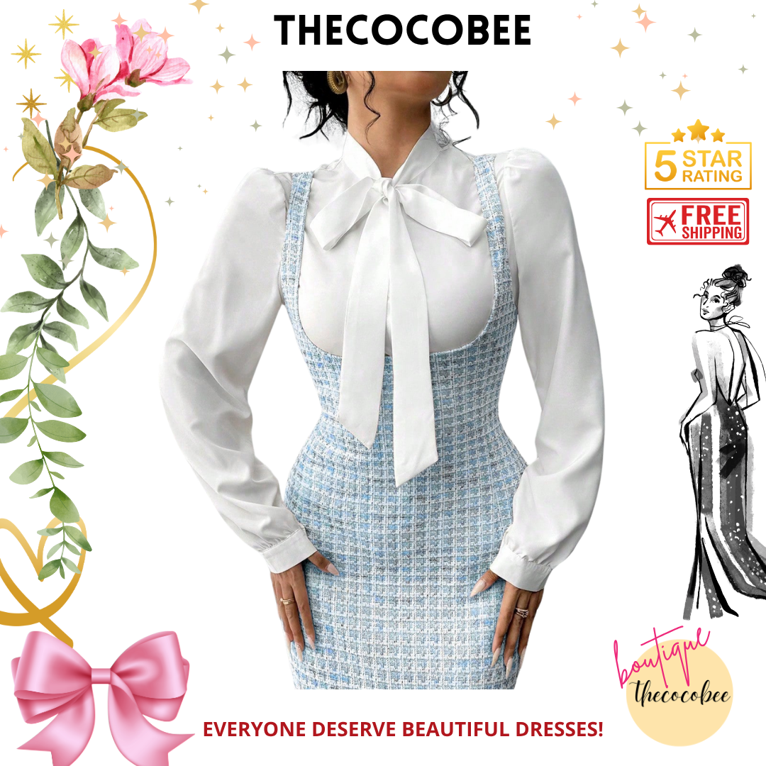 #158 Baby Blue Elegant Fashion 2 Pieces Set: White Collar Tie Shirt & Pink Jacquard Long Suspender Skirt, Suitable For Autumn/Winter