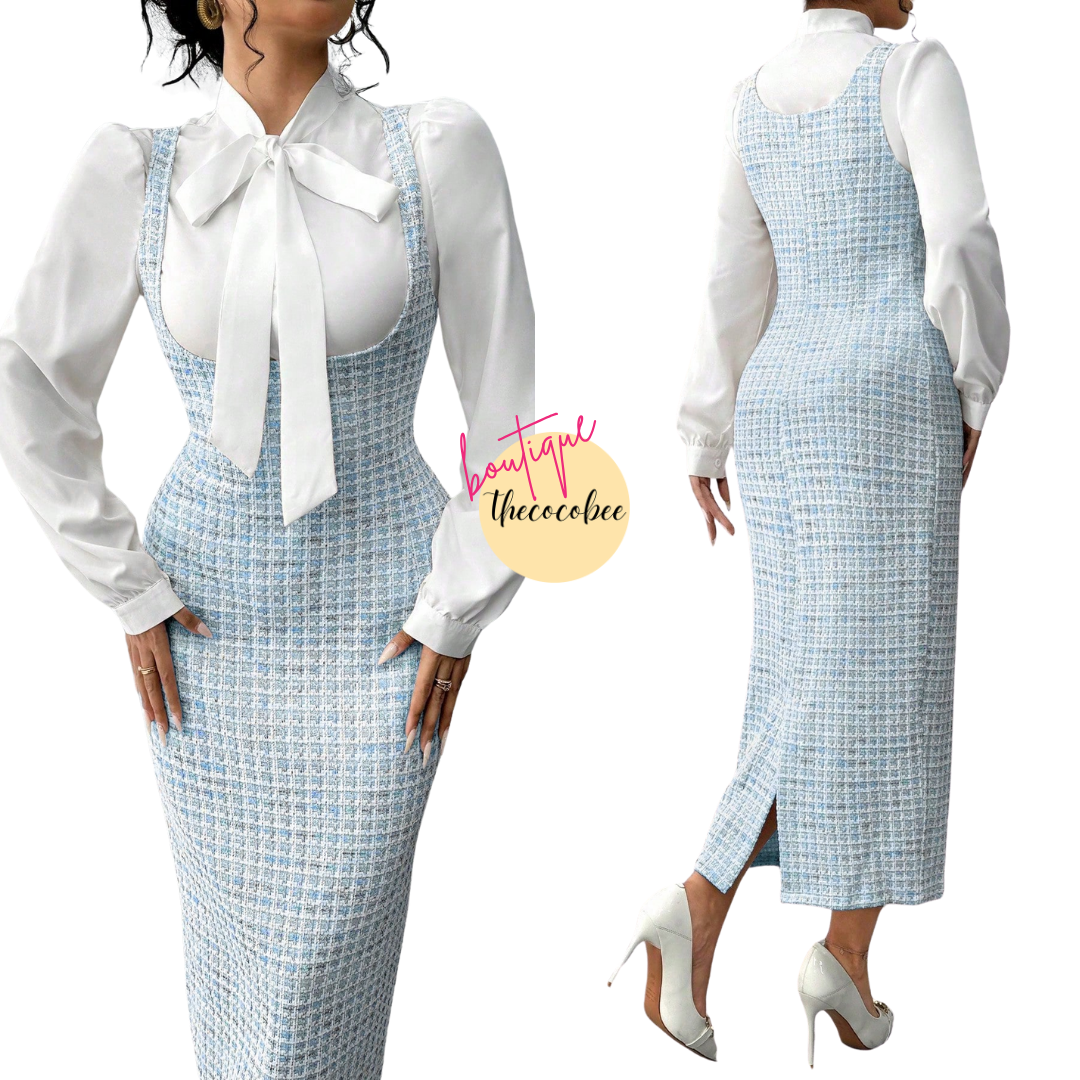 #158 Baby Blue Elegant Fashion 2 Pieces Set: White Collar Tie Shirt & Pink Jacquard Long Suspender Skirt, Suitable For Autumn/Winter