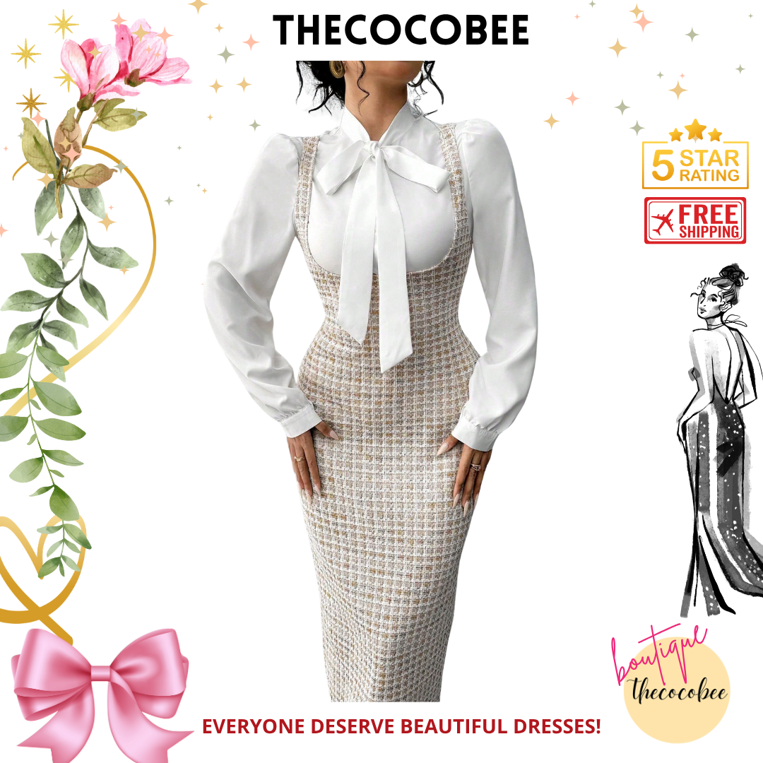 #158 Brown Elegant French Style 2pcs/Set For Women, White Collar Tie Blouse & Polka Dot Print Long Suspender Skirt, Autumn/Winter