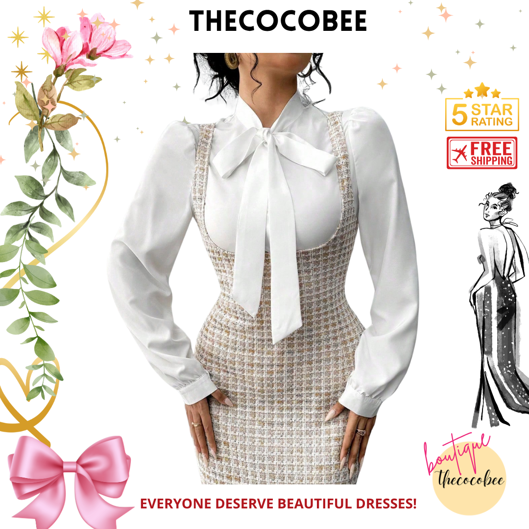 #158 Brown Elegant French Style 2pcs/Set For Women, White Collar Tie Blouse & Polka Dot Print Long Suspender Skirt, Autumn/Winter